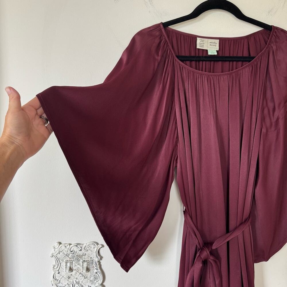 Anthropologie Cecile Wine Kimono Sleeve Satin Draped Maxi Dress Tie Waist S - Picture 7 of 13